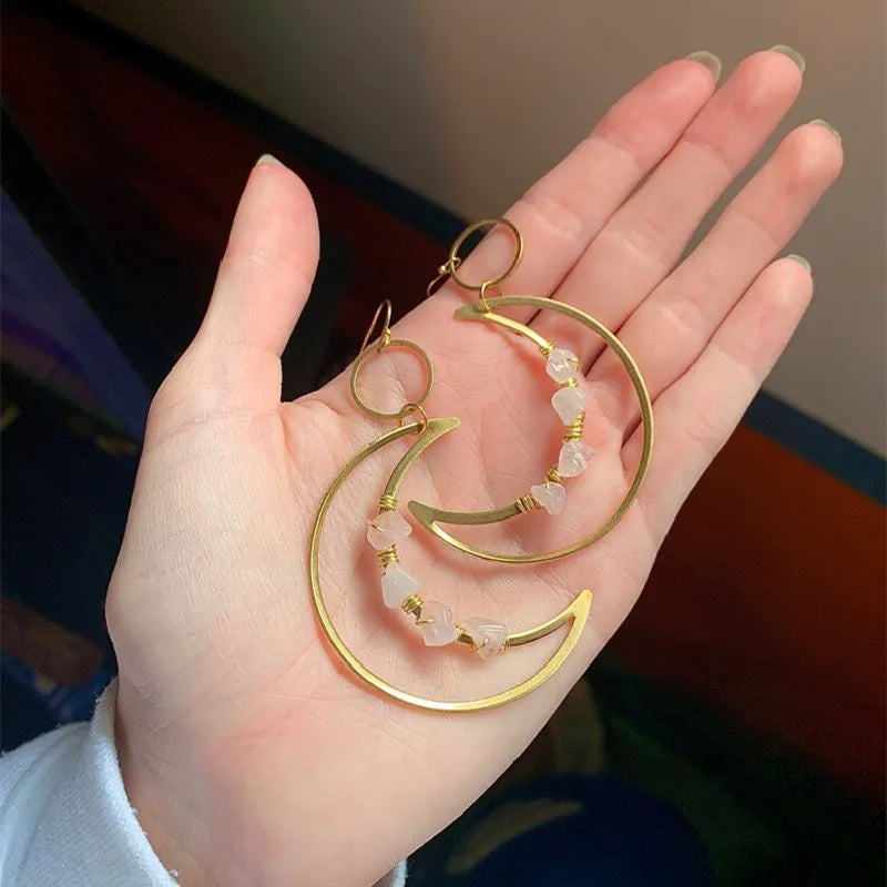 Rose Quartz Crescent Moon Gold Earrings 
