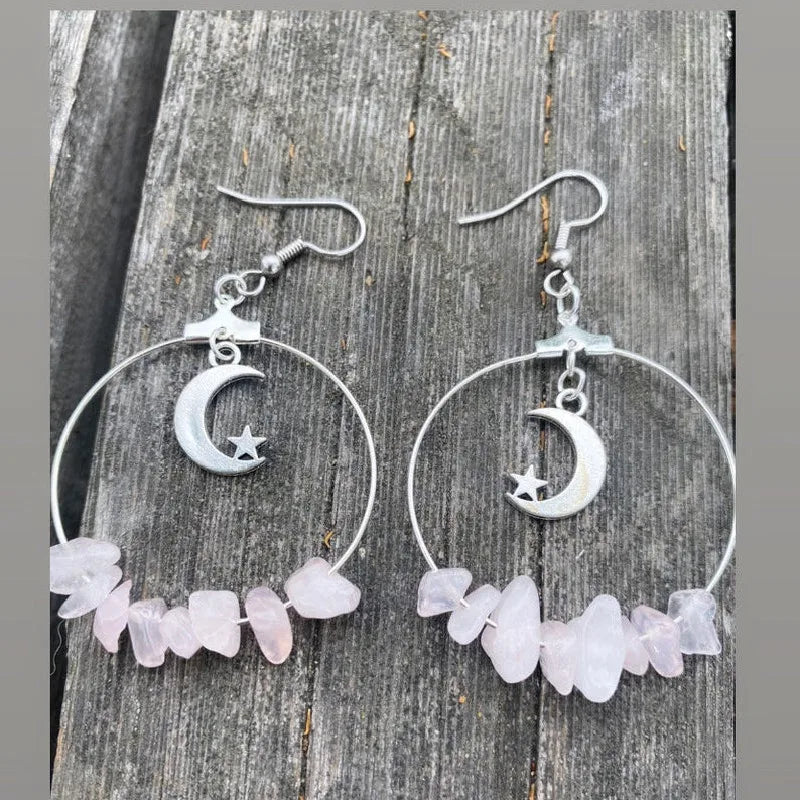Rose Quartz Crescent Moon Silver Hoop Earrings
