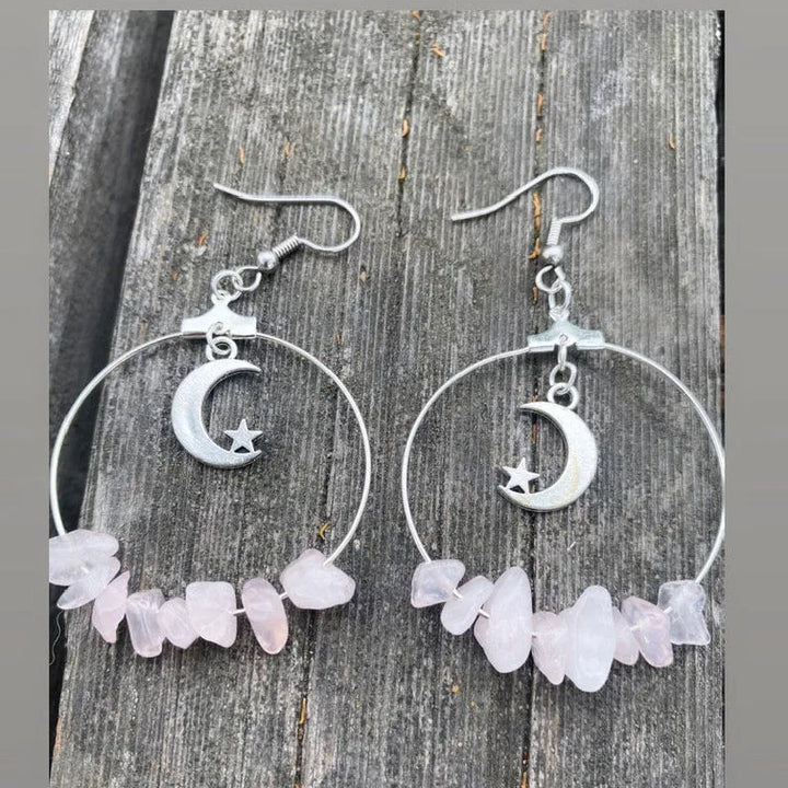 Rose Quartz Crescent Moon Silver Hoop Earrings