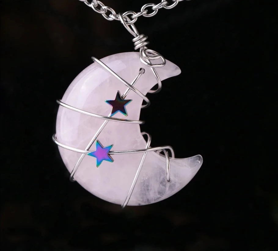 Rose Quartz Crescent Moon & Star Wire Wrap Silver Necklace