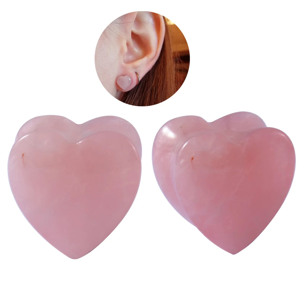 Rose Quartz Heart Ear Gauges