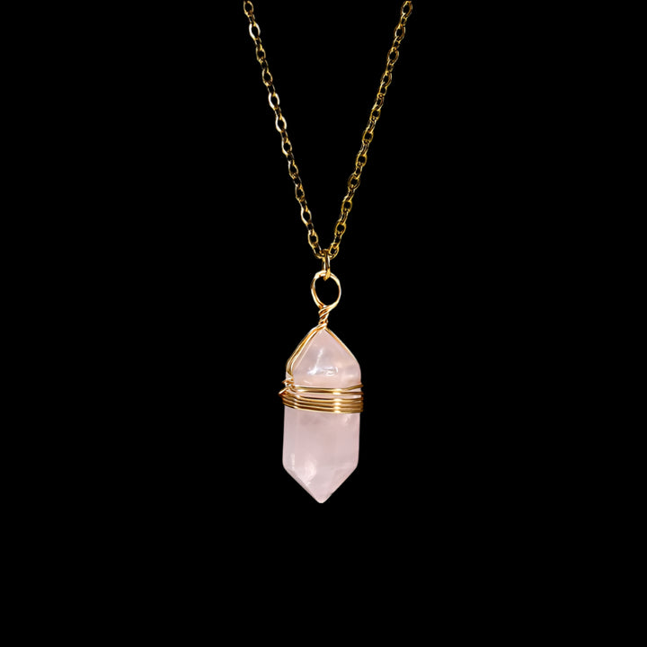 Rose Quartz Hexagon Wire Wrap Gold Necklace