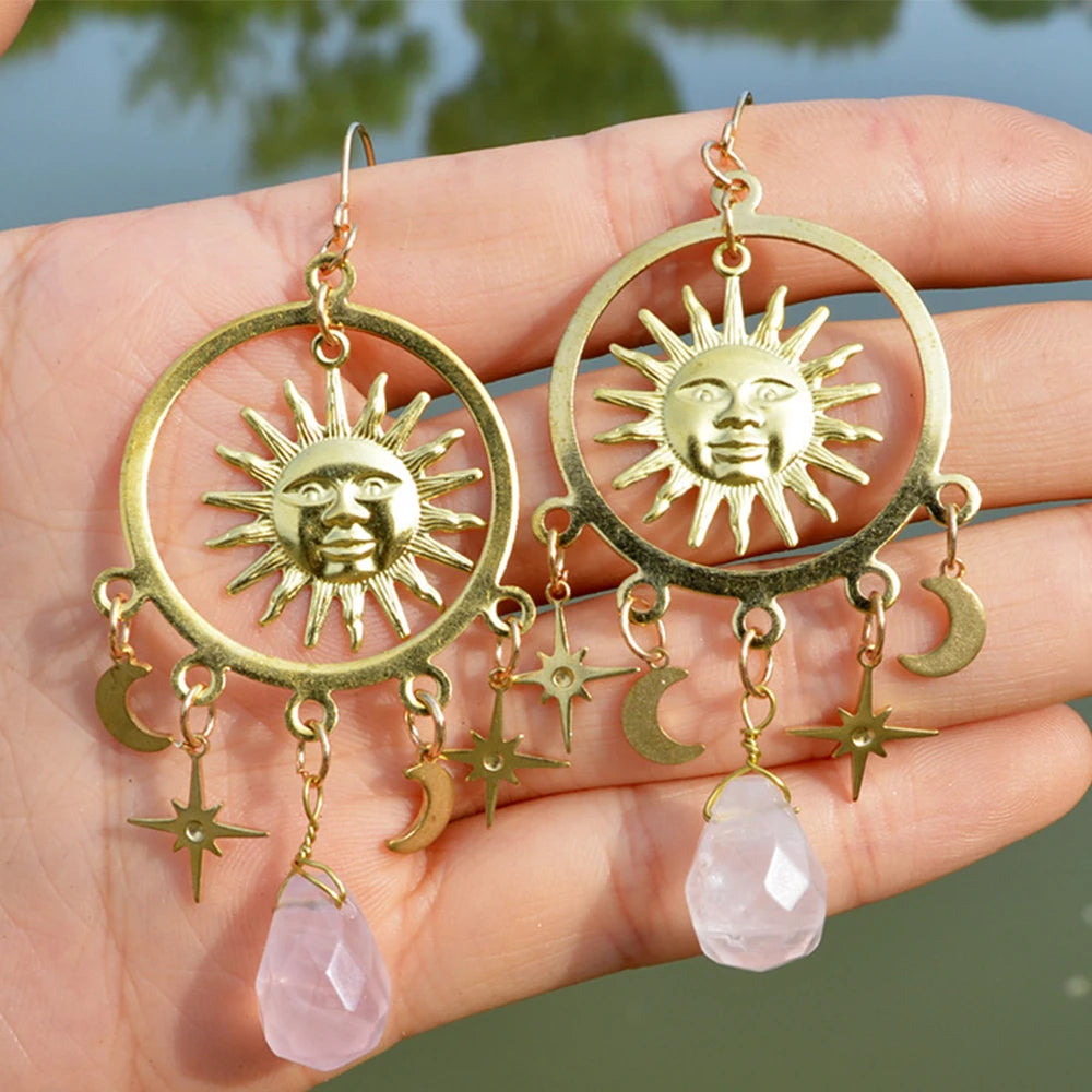 Rose Quartz Moon Sun Star Earrings