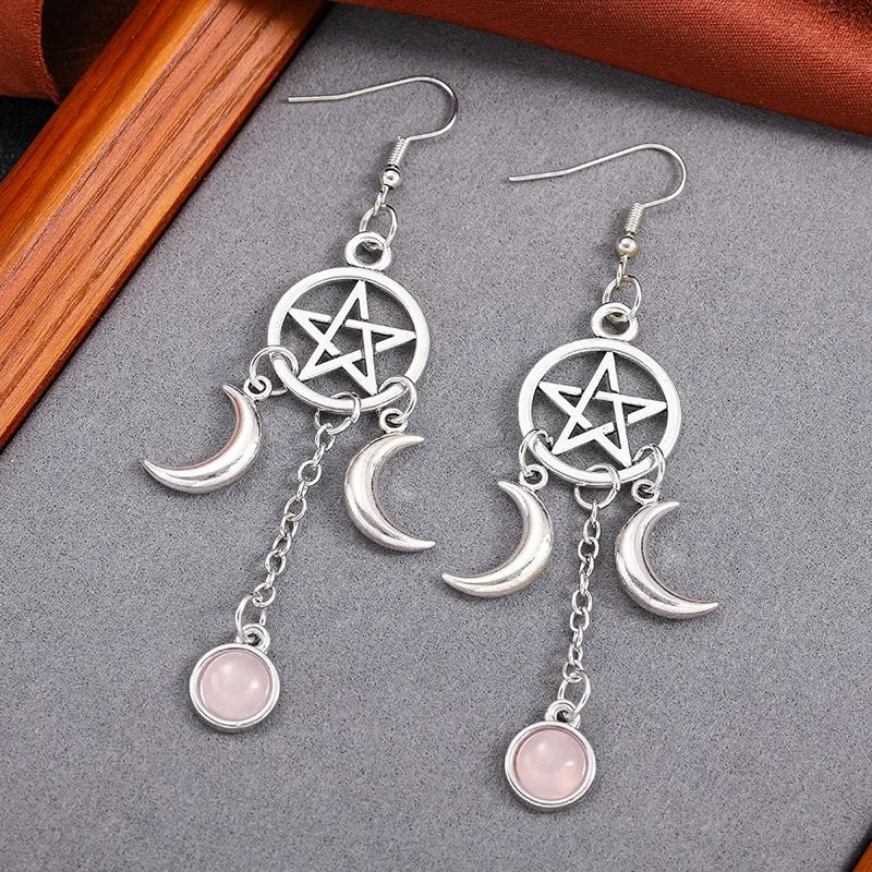 Rose Quartz Pentacle Moon Earrings