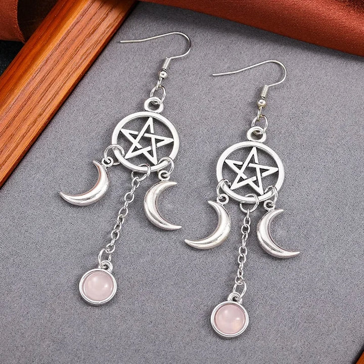 Rose Quartz Pentacle Moon Earrings