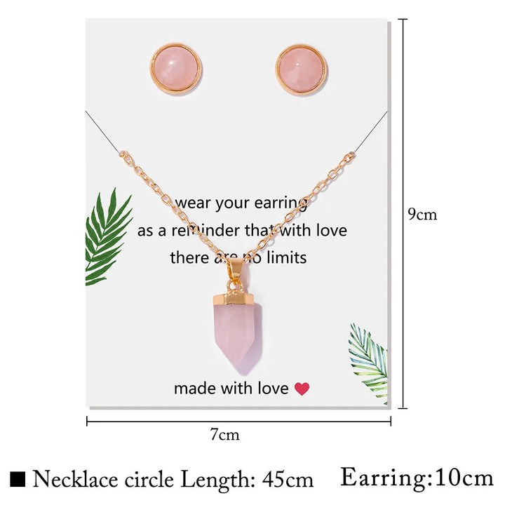 Rose Quartz Point Gold Pendant Necklace & Earrings