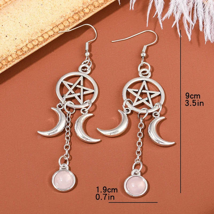 Rose Quartz Crystal Pentacle Moon Earrings