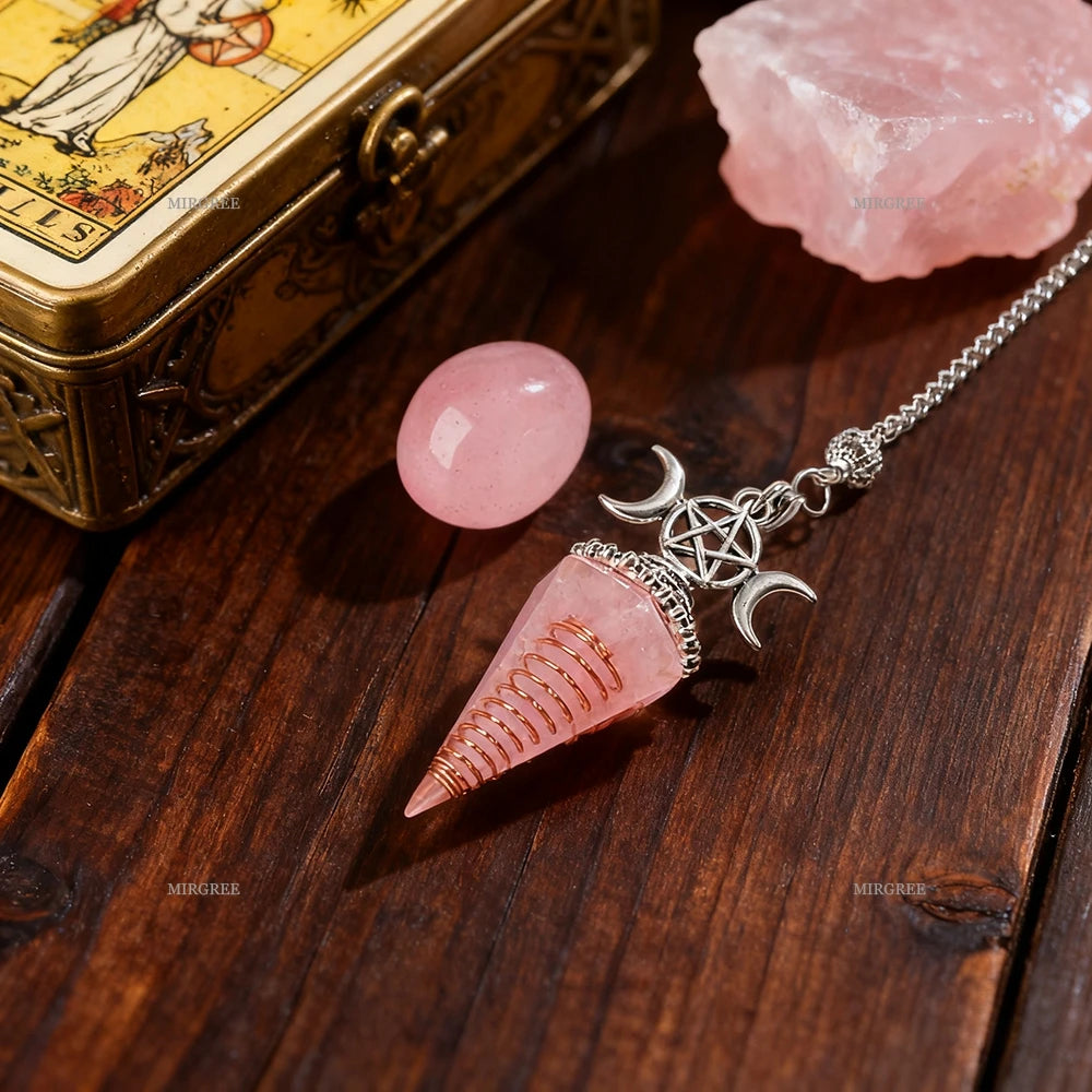 Rose Quartz Triple Moon Pentacle Pendulum