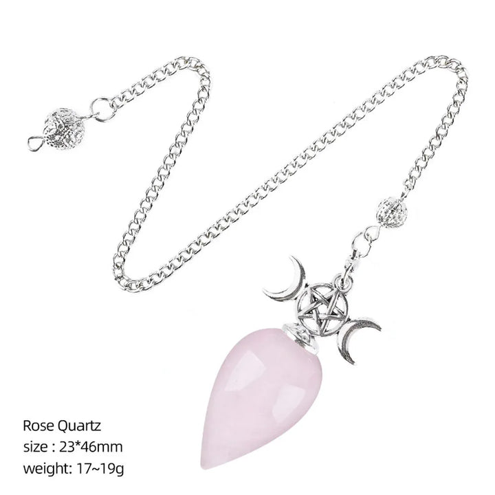 Rose Quartz Triple Moon Pentacle Teardrop Pendulum
