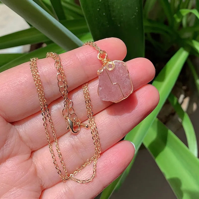 Rose Quartz Wire Wrap Gold Necklaces