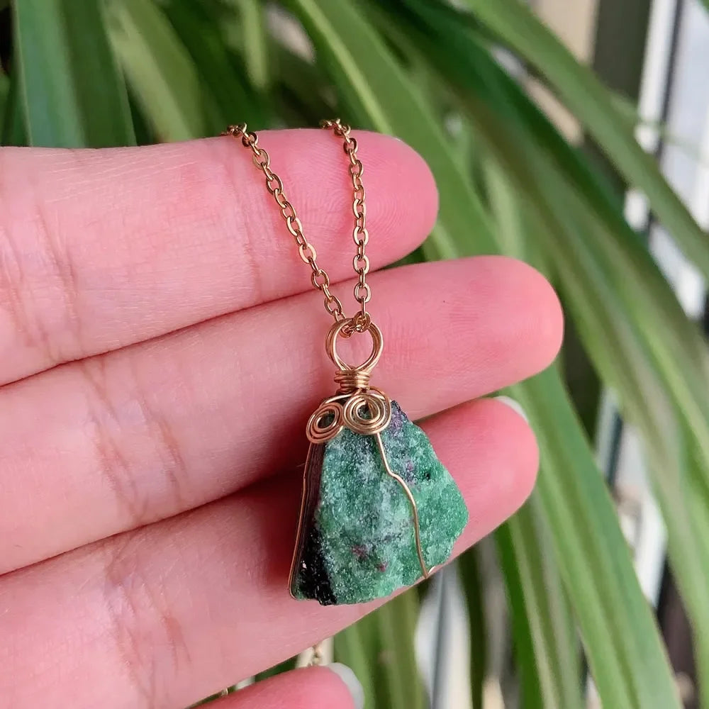Ruby Zoisite Wire Wrap Gold Necklace