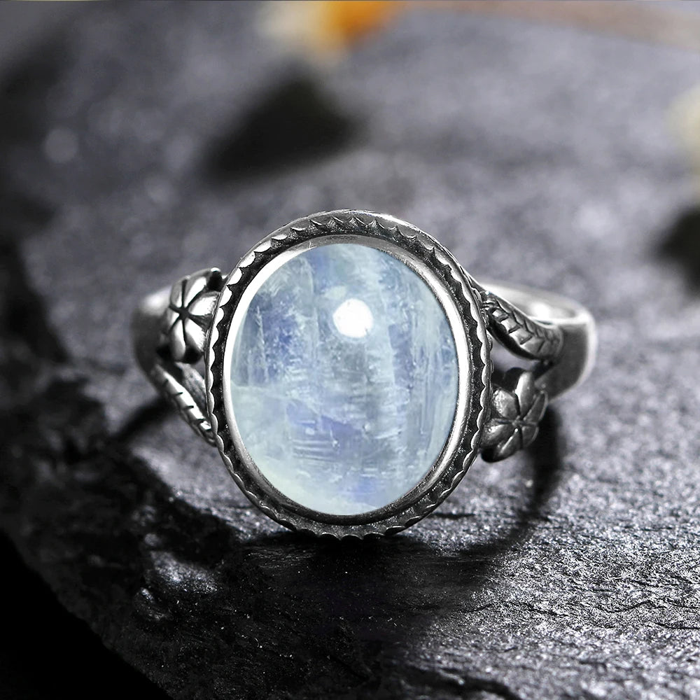 Moonstone 925 Sterling Silver Stone Oval Flower Ring | Green Witch Creations