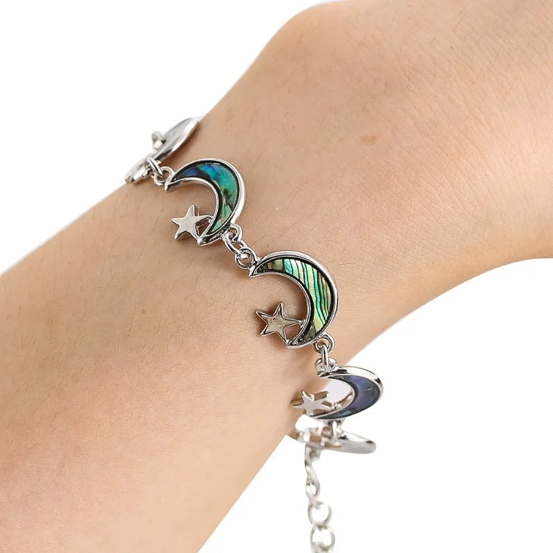 Abalone Shell Moon Star Silver Bracelet For Sale | Green Witch Creations