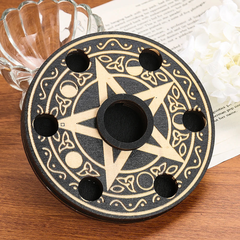 Wood Pentacle Moon Phase Crystal Ball Stand & Candle Holder