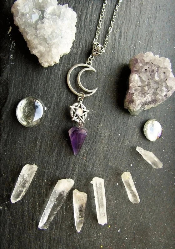 Amethyst Moon Pentacle Pendulum Necklace | Green Witch Creations