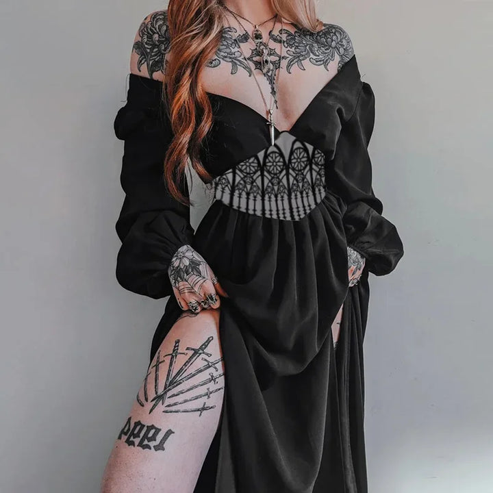 V-Neck Victorian Gothic Witchy Black Dress For Sale Online | Green Witch Creations