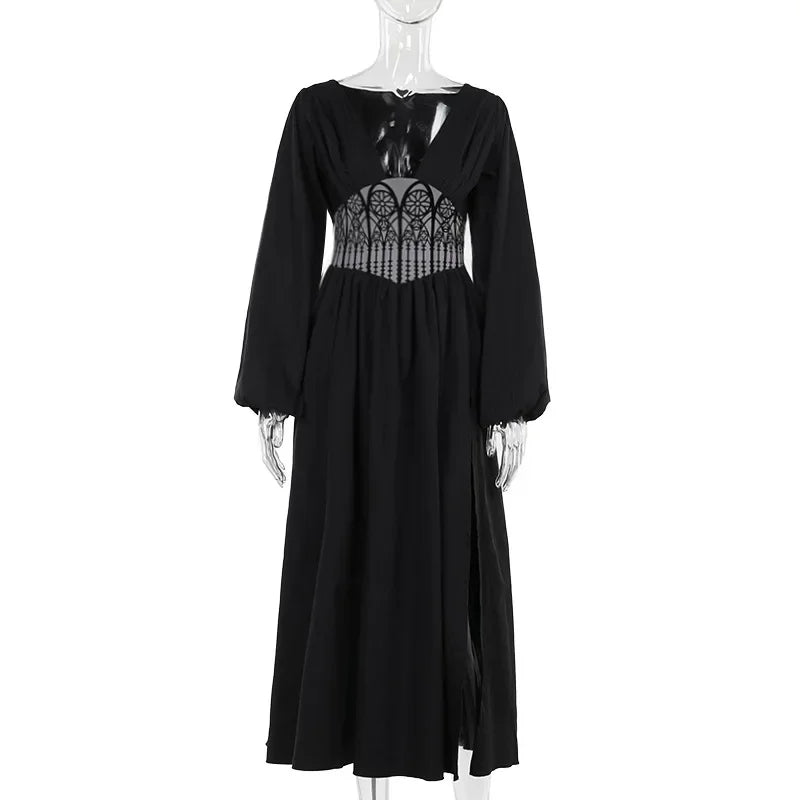 V-Neck Victorian Gothic Witchy Black Dress For Sale Online | Green Witch Creations