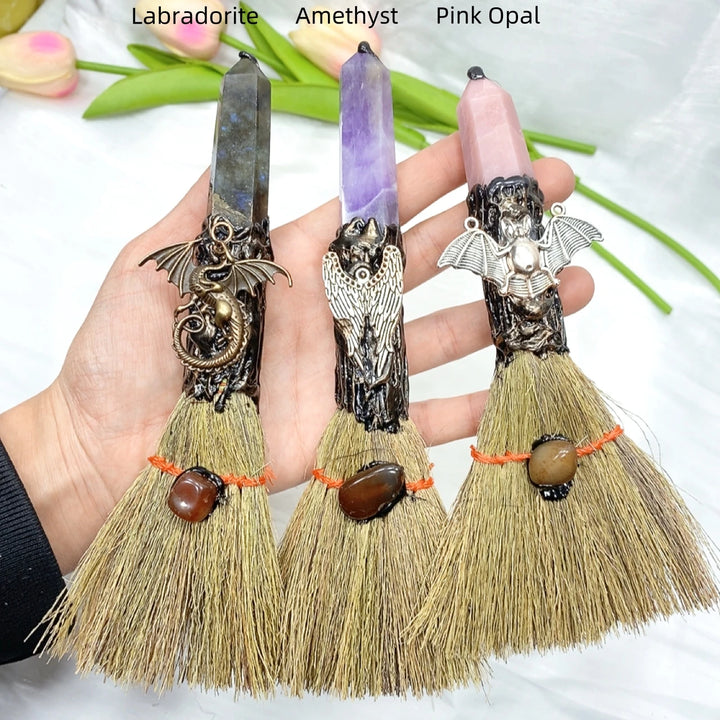 Large Crystal Point Charm Broom For Sale | Green Witch Creations