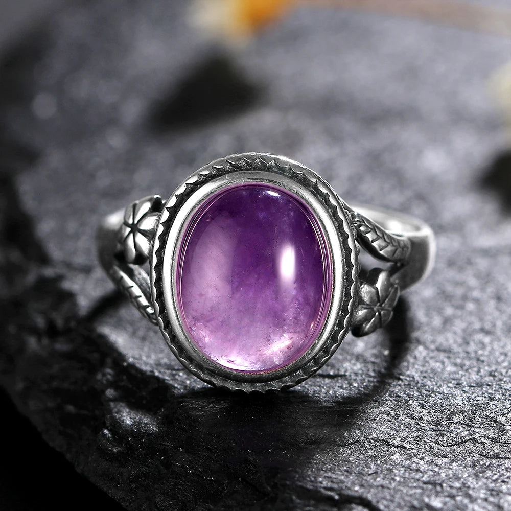 Amethyst 925 Sterling Silver Stone Oval Flower Ring | Green Witch Creations