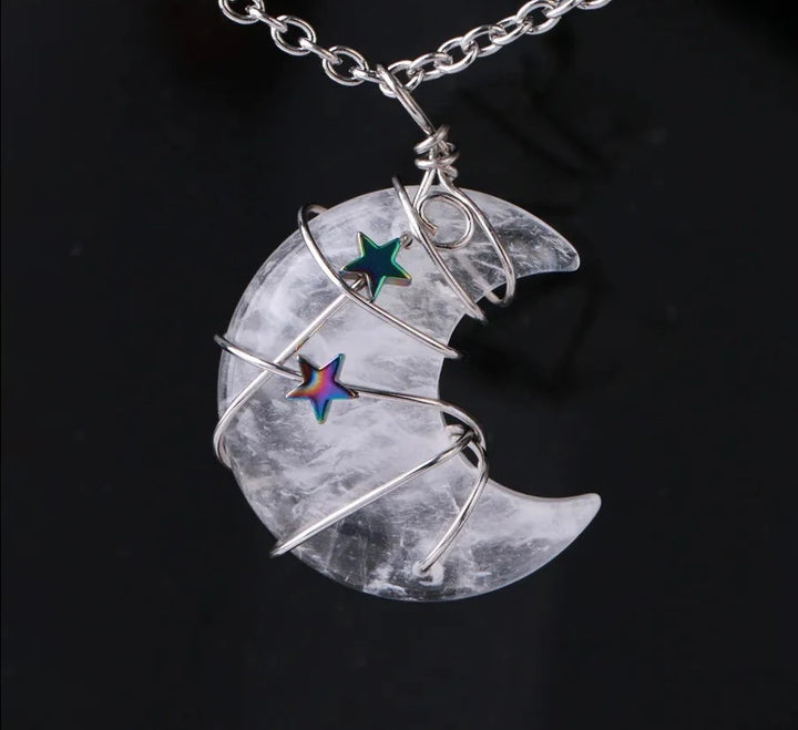 Clear Quartz Crescent Moon & Star Wire Wrap Silver Necklace For Sale | Green Witch Creations