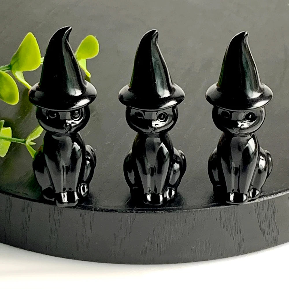 Obsidian Crystal Witch Cat Figurines