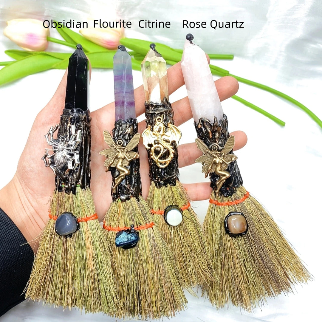 Large Crystal Point Charm Broom For Sale | Green Witch Creations