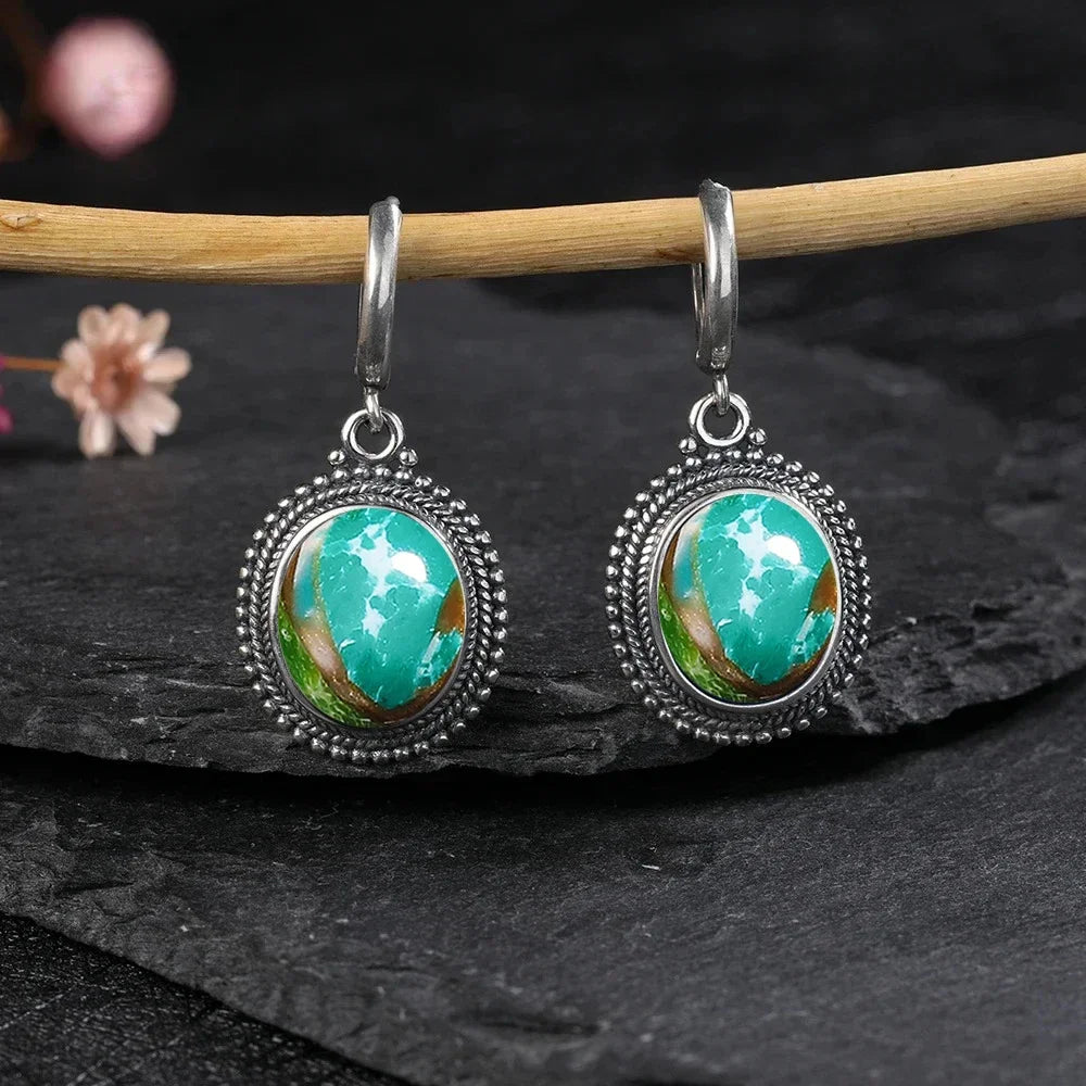 925 Sterling Silver Green Turquoise Stone Oval Earrings | Green Witch Creations