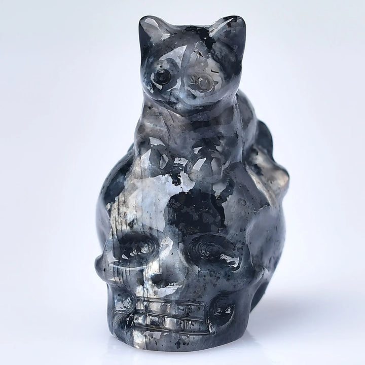 Black Labradorite Cat Skull Crystal Figurines | Green Witch Creations