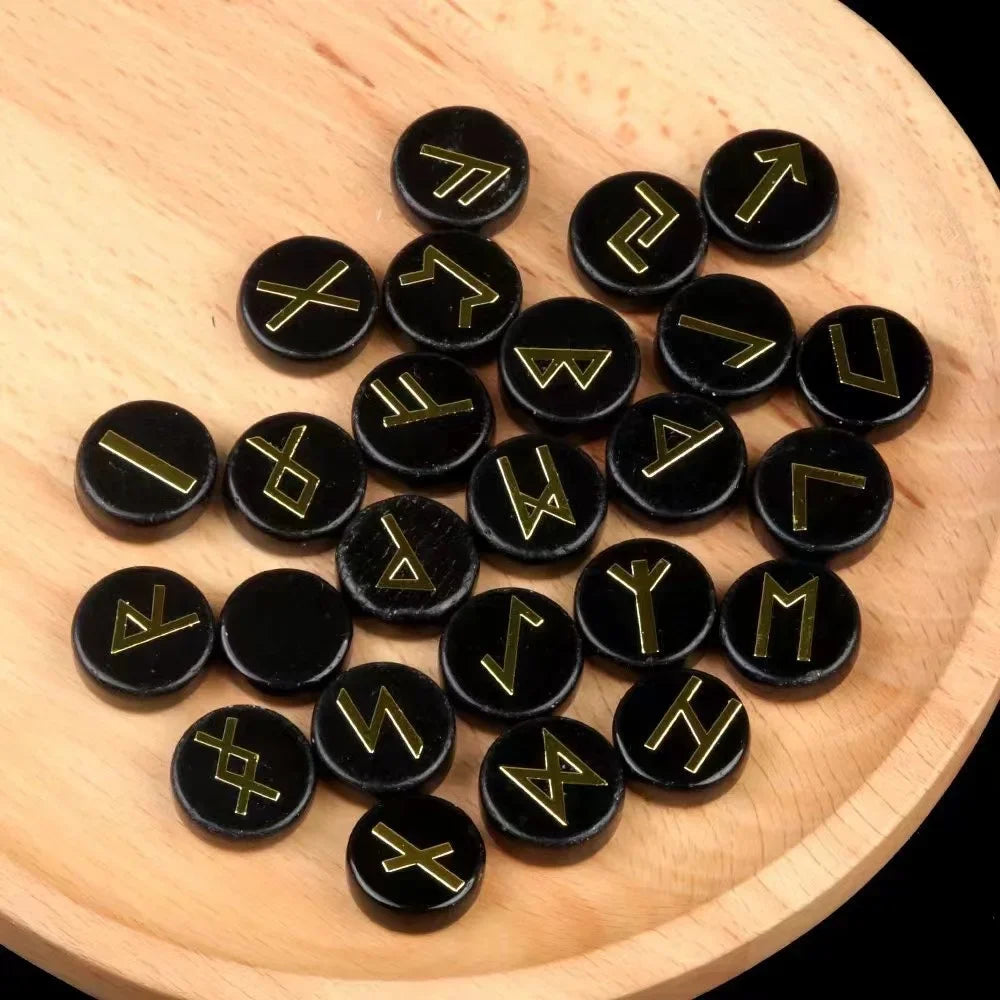 Black Agate Round Crystal Rune Symbol Sets