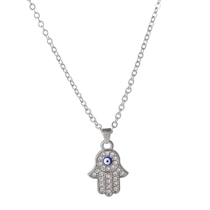 Silver Zircon Evil Eye Hamsa Pendant Necklace For Sale | Green Witch Creations