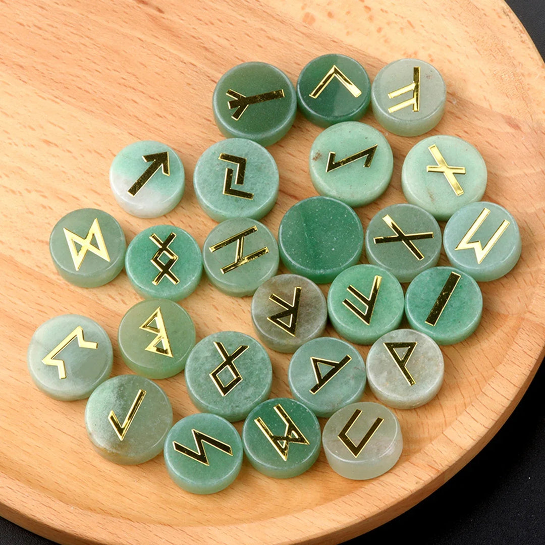 Green Aventurine Round Crystal Rune Symbol Sets