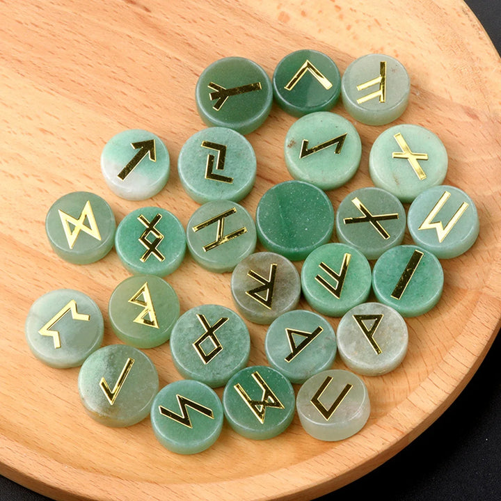 Green Aventurine Round Crystal Rune Symbol Sets