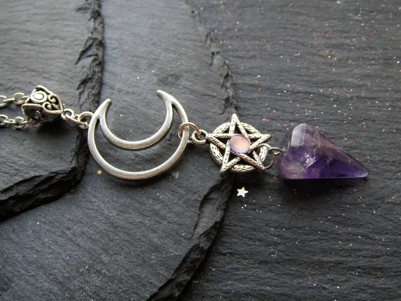 Amethyst Moon Pentacle Pendulum Necklace | Green Witch Creations