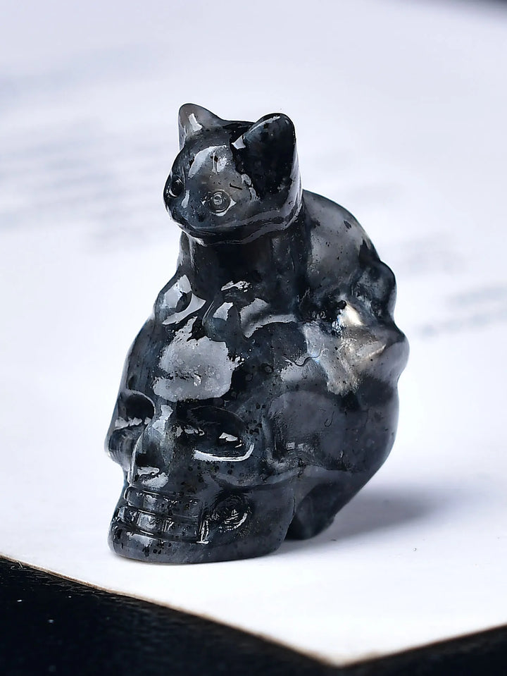 Black Labradorite Cat Skull Crystal Figurines | Green Witch Creations