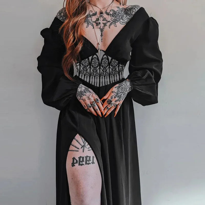 V-Neck Victorian Gothic Witchy Black Dress For Sale Online | Green Witch Creations