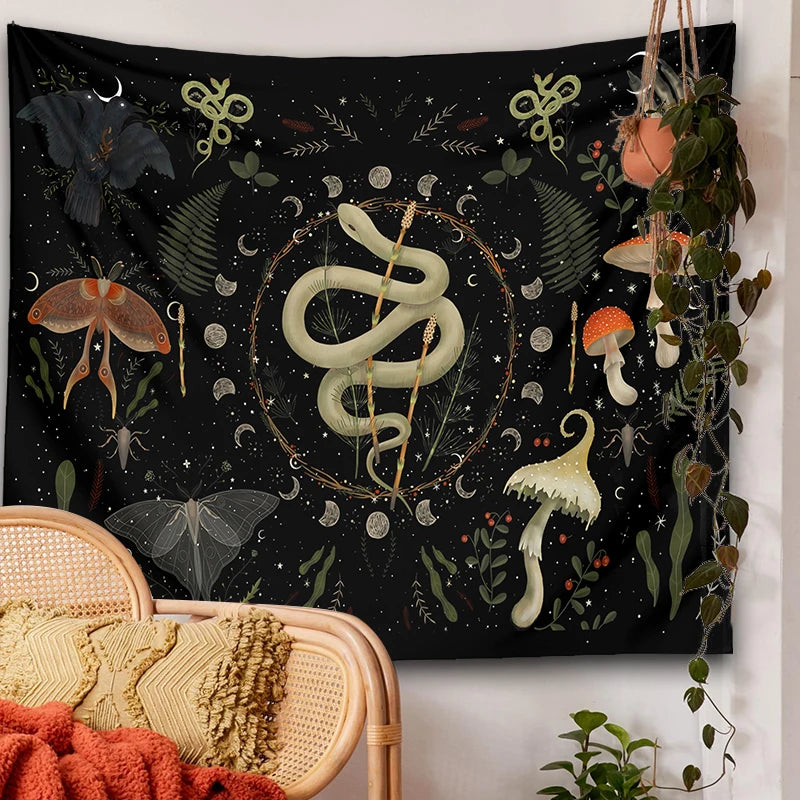 Snake Witchy Botanical Moon Phase Tapestries | Green Witch Creations