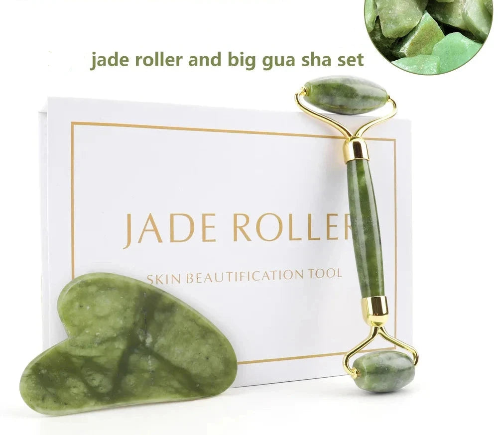 Green Jade Crystal Gua Sha Facial Massage Roller Set | Green Witch Creations