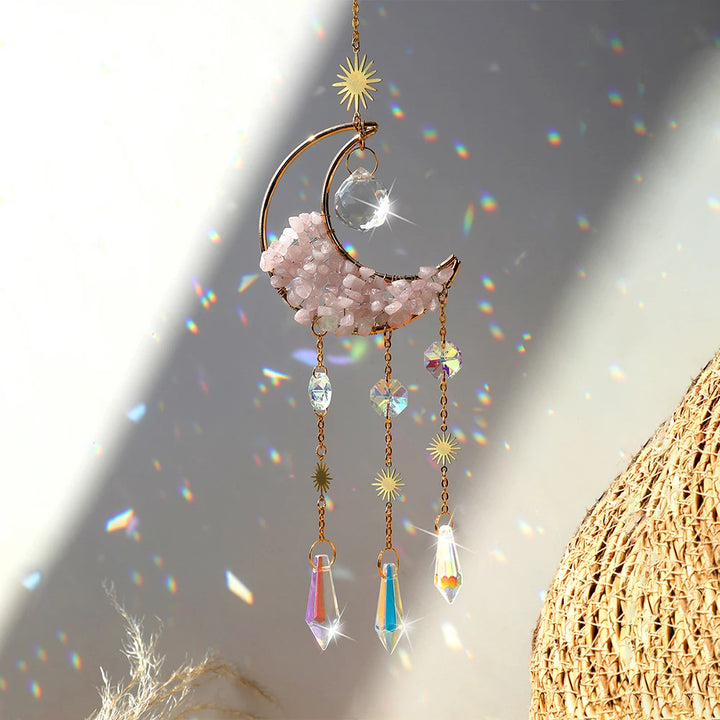 Rose Quartz Crystal Crescent Moon Sun Catchers | Green Witch Creations