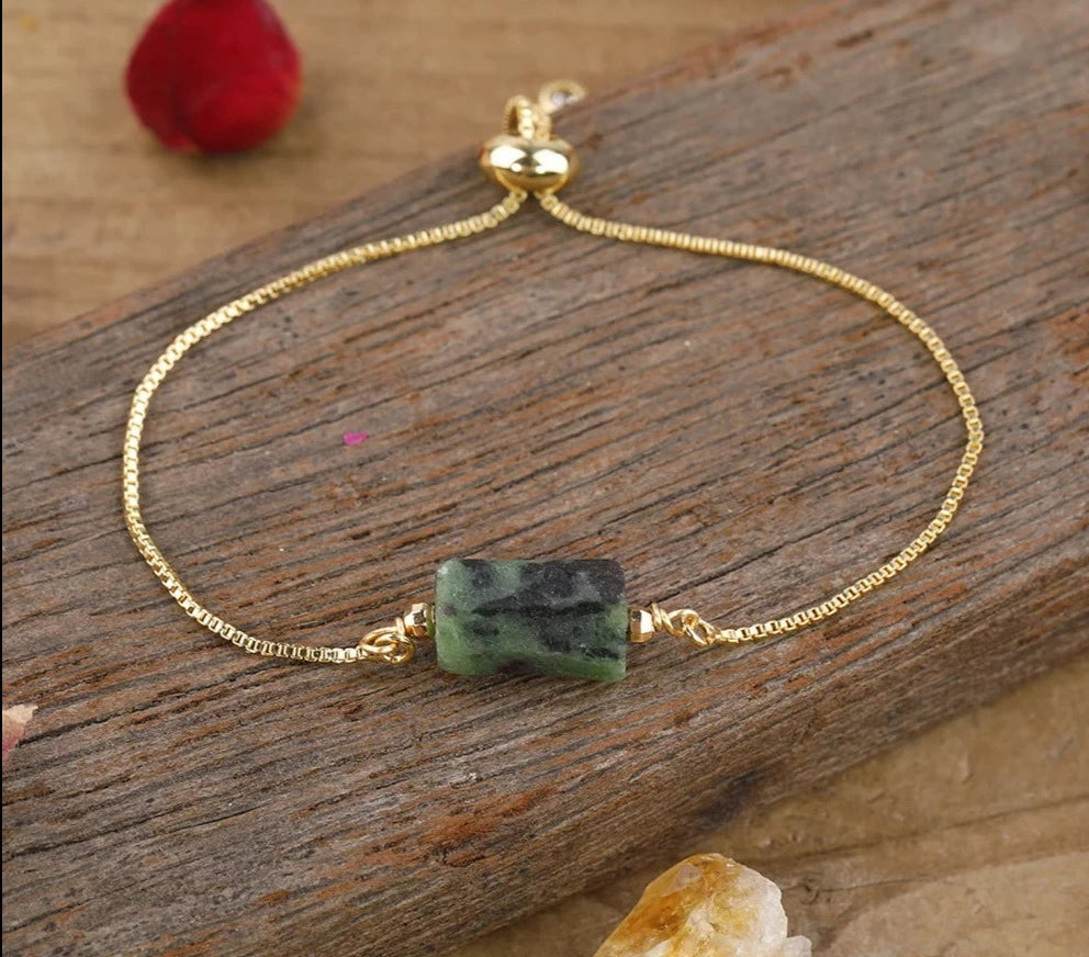 Ruby Zoisite Chunky Stone Gold Chain Adjustable Bracelet For Sale | Green Witch Creations