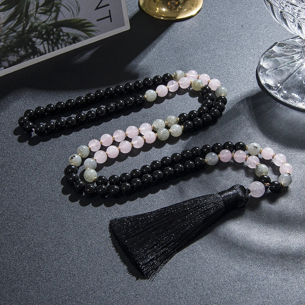Black Onyx, Rose Quartz, & Labradorite Mala Necklace