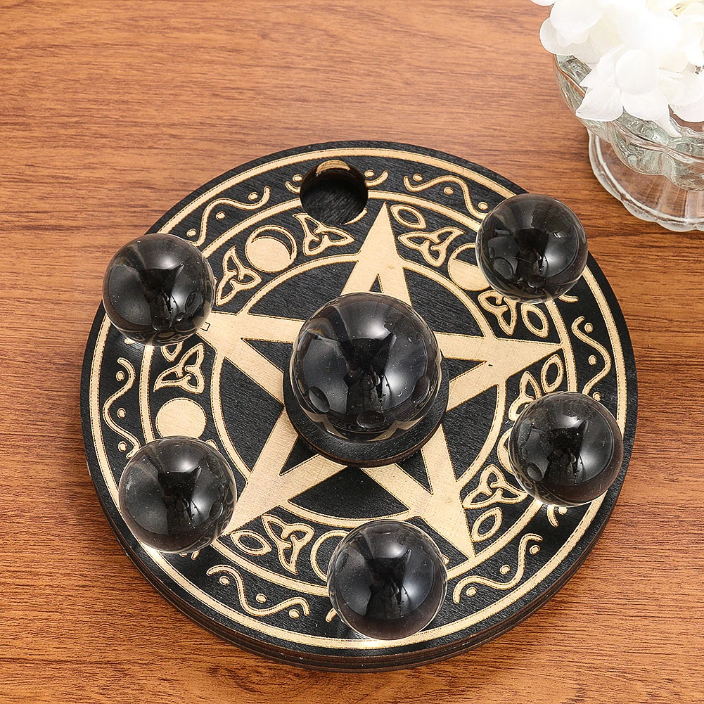 Wood Pentacle Moon Phase Crystal Ball Stand & Candle Holder For Sale Online | Green Witch Creations