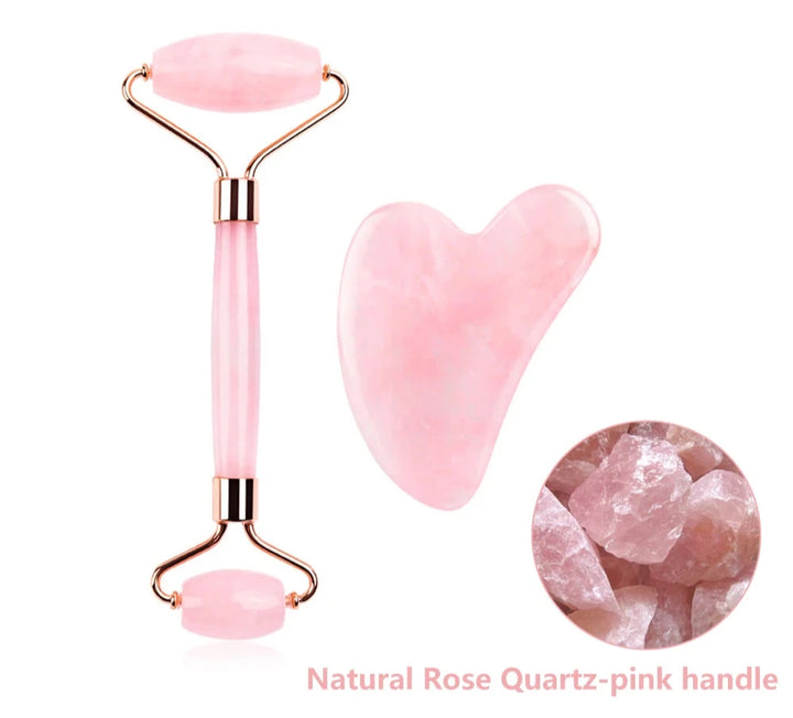 Rose Quartz Crystal Gua Sha Facial Massage Roller Set | Green Witch Creations