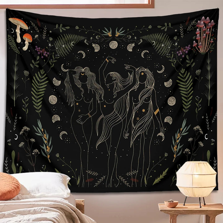 Naked Goddesss Witchy Botanical Moon Phase Tapestries | Green Witch Creations