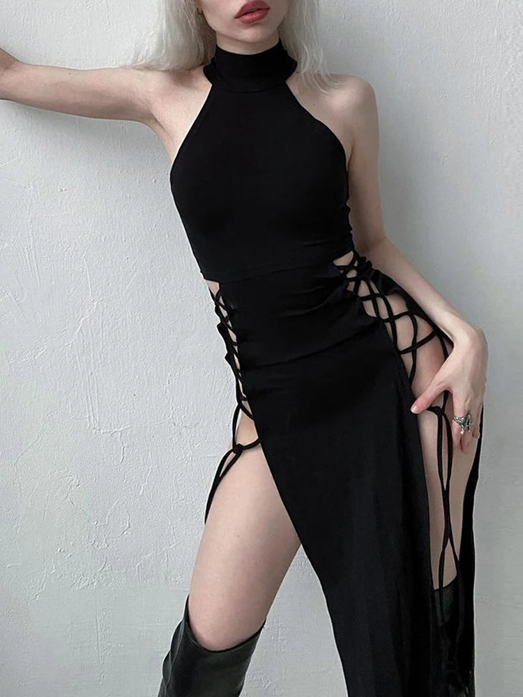 Buy Halter High Split Witch Goth Black Dress L Buy Halter High Split Witch Goth Black Dress L