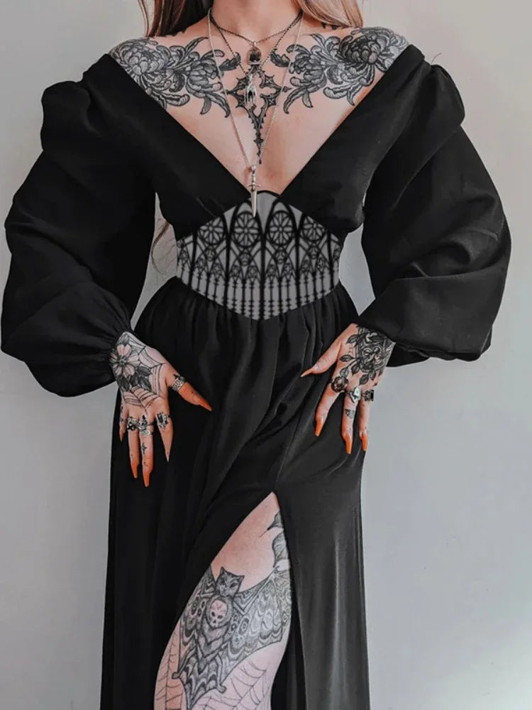 V-Neck Victorian Gothic Witchy Black Dress For Sale Online | Green Witch Creations