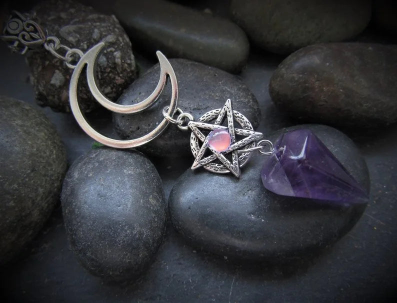 Amethyst Moon Pentacle Pendulum Necklace | Green Witch Creations