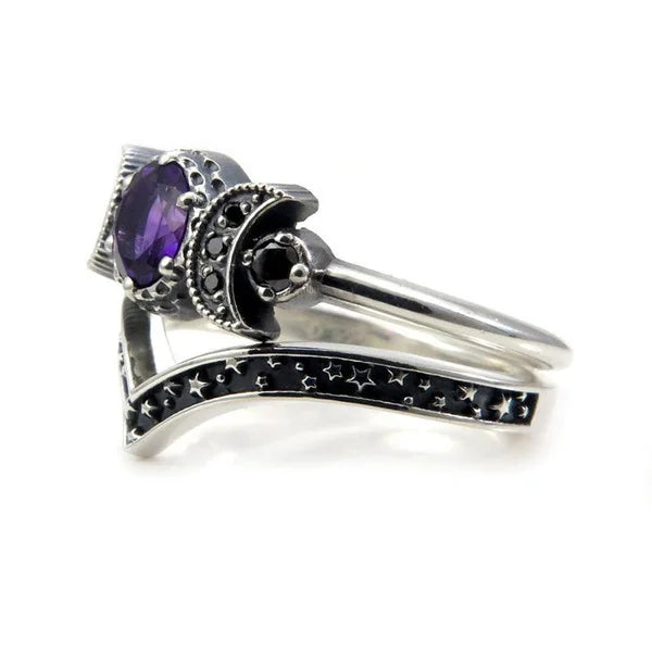 Black Zirconia Purple Stone Triple Moon Ring Set For Sale Online