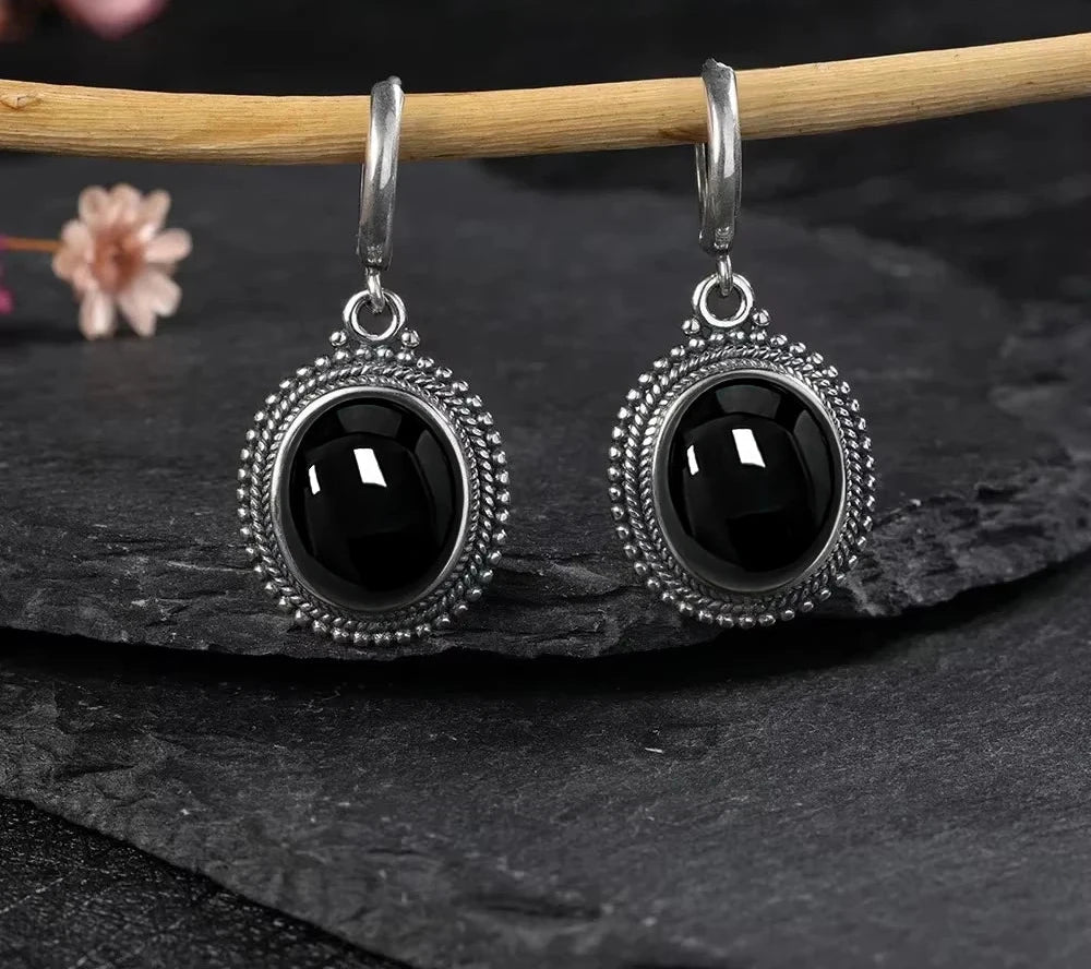 925 Sterling Silver Black Onyx Stone Oval Earrings | Green Witch Creations