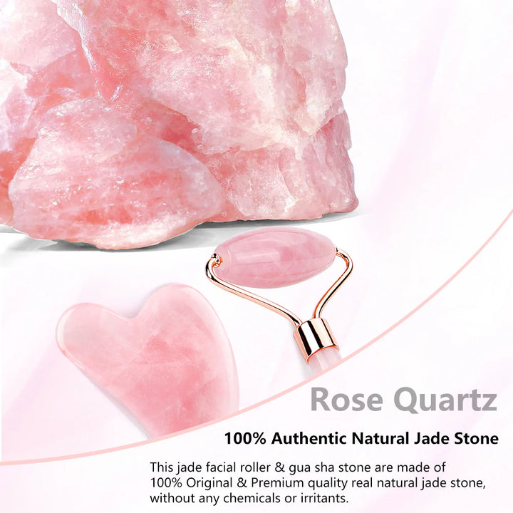 Rose Quartz Crystal Gua Sha Facial Massage Roller Set | Green Witch Creations