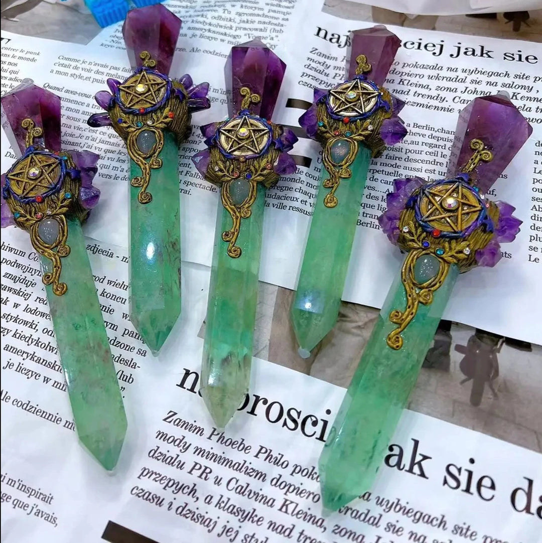 Handmade Green Fluorite & Amethyst Pentacle Witch Wand